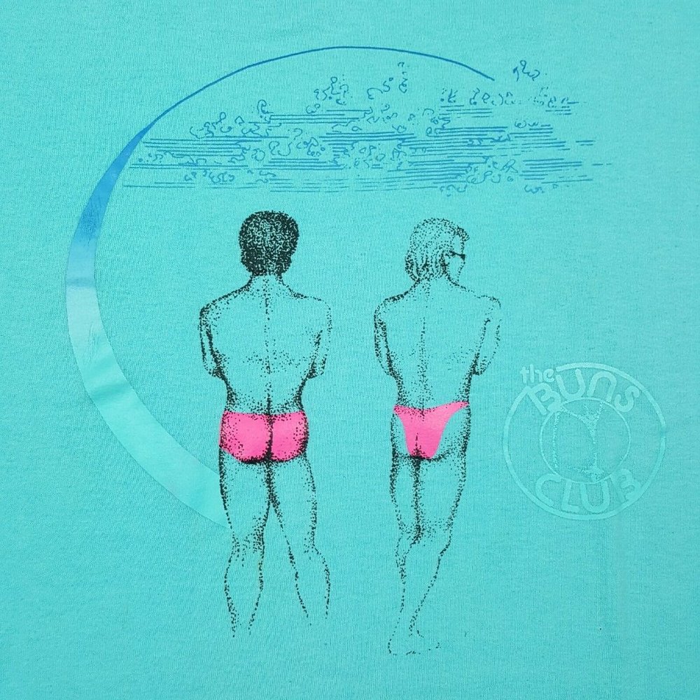 Vtg 80s Buns Club T-Shirt Blue Spell Out Gay Pride